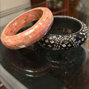 Iridescent Mosaic MOP Bangle Bracelet Size 7.5 With a Black mirrored Bracelet
